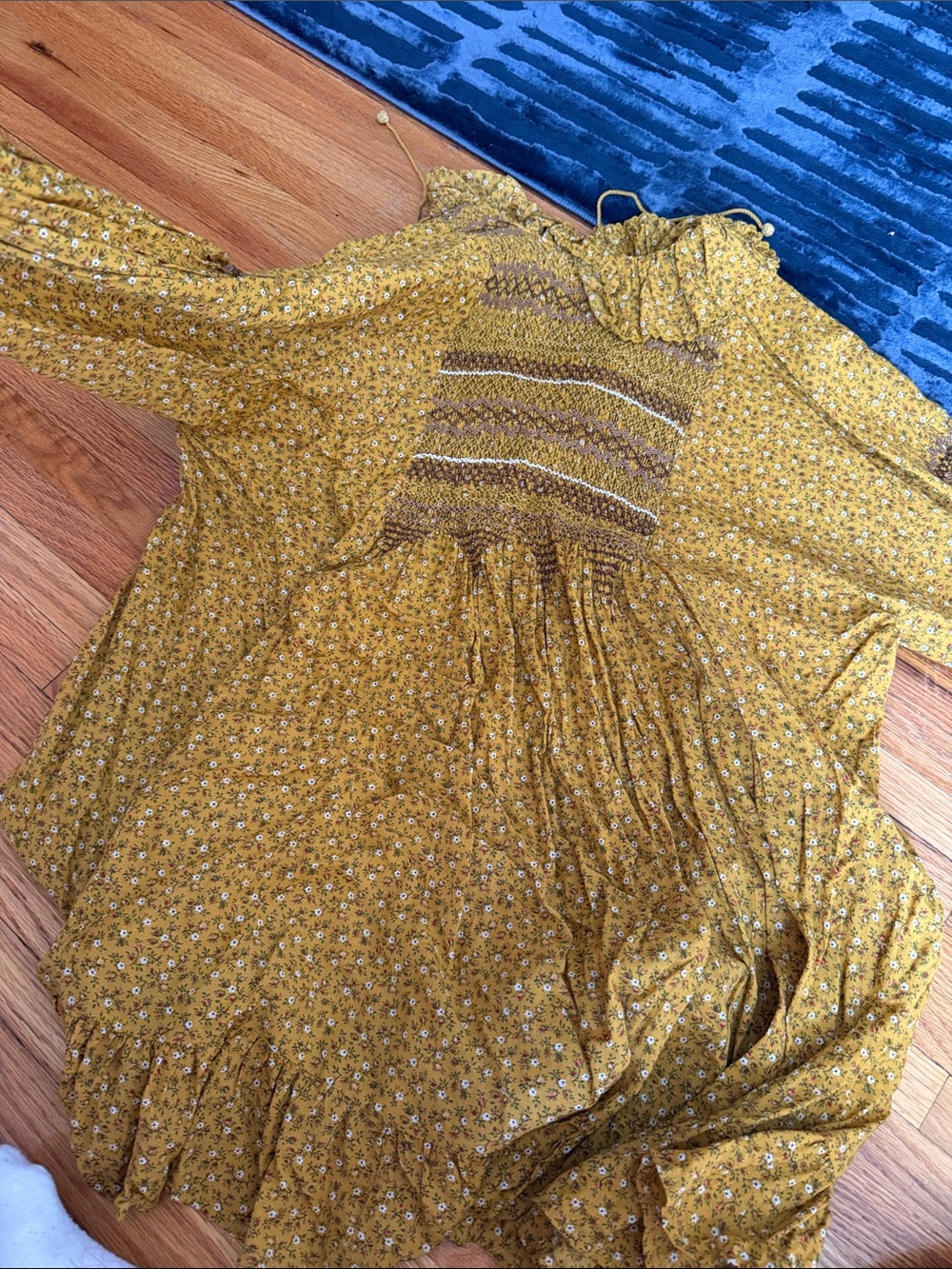 Doen Mustard Floral Peasant Dress with Smocked Yoke - Picture 4 of 6